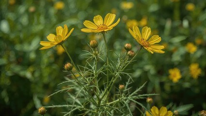 Wall Mural - Bright yellow Cosmos sulphureus blossoms against lush green foliage