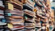 © Qila - Massive stacks of papers and documents with sticky notes, showing office paperwork overload.