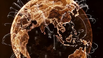 Vibrant Orange Earth Digital Animation with Global Connectivity Swirls Against Dark Backdrop Perfect for Illustrating Technology or Environmental Awareness