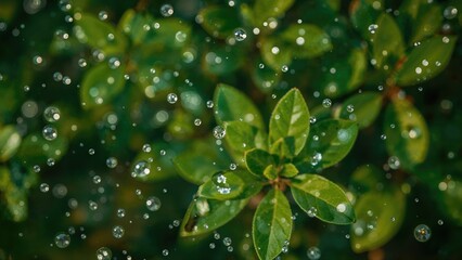 Wall Mural - water drops resting on leaves captured in a hazy, green-themed wallpaper