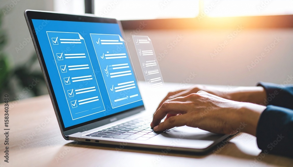 Online survey displayed on a laptop screen with hands typing on the ...
