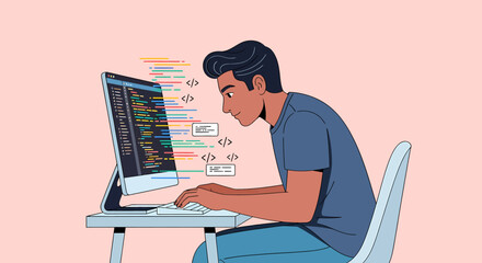 Cartoon programmer coding on a computer with colorful code snippets.