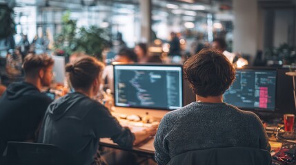 Group of developers collaborating on coding projects at night in a modern office environment with city lights in the background