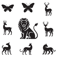 Silhouetted animals, including deer, lions, and butterflies, are arranged in a grid pattern on a white background