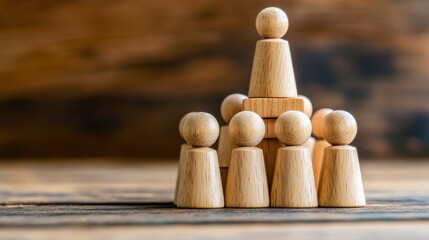 Wall Mural - wooden figurines arranged in a pyramid shape on a wooden surface representing teamwork, leadership, 