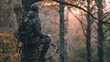 © Terablete - Hunter observes sprawling forest landscape during autumn sunset from elevated tree stand in serene wilderness