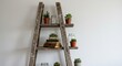 © Lucas - Rustieke houten ladderplantenrek zacht licht boeken planten decoratie. AI Generated