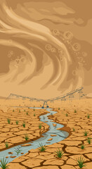  A farming irrigation system set in a dry, cracked land with small plants growing, while coins float in the air, indicating the cost and financial aspects of environmental management in arid regions.