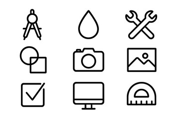 Black outline tool and interface icons on gray background
