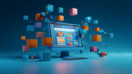 Futuristic computer display with floating cubes representing data and technology
