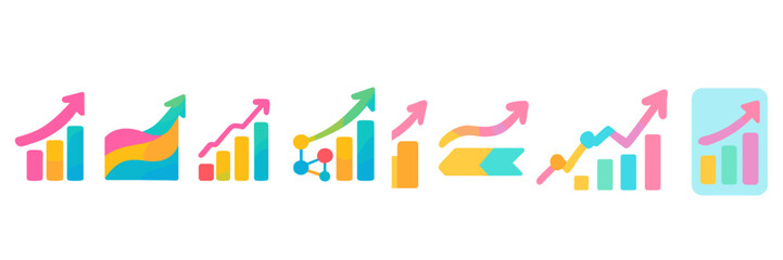 Colorful graphical representations of data trends and growth displayed on a white background, showcasing various upward trajectories