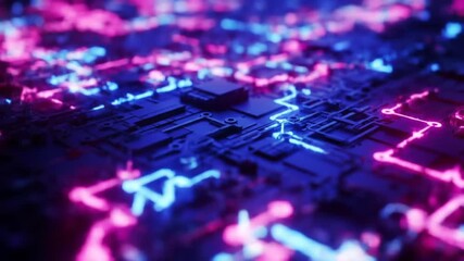 Wall Mural - electronic circuit board close-up with glowing pink and blue lights abstract futuristic technology d