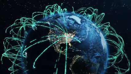 Wall Mural - earth with global connections in blue and green on dark background illustrating global business data