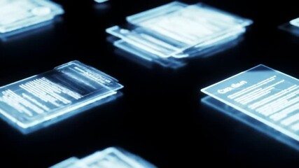 Wall Mural - futuristic digital documents glowing blue on dark surface for modern technology and business present