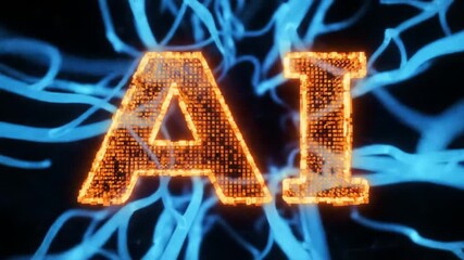 Wall Mural - glowing orange ai text surrounded by blue network lines on black background