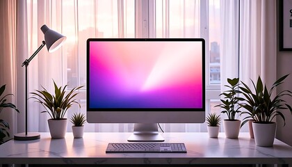 modern desktop computer with vibrant screen on white desk with potted plants - home office setup, wo