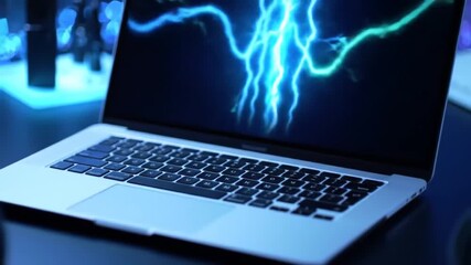 Wall Mural - laptop with blue and green lightning on screen in dark setting technology display