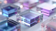 © Selvam - Multiple transparent semiconductor cpu chips in blue, light blue and purple are rotating slowly on a white background, creating an abstract technological composition