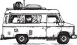 © EaseDesign - Camper van vehicle trailer sketch engraving vector illustration. Tee shirt apparel print design. Scratch board style imitation. Black and white hand drawn image.