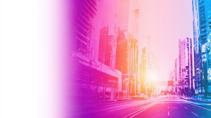 Wall Mural - vibrant cityscape at sunset with urban buildings, showcasing a bustling street and colorful sky