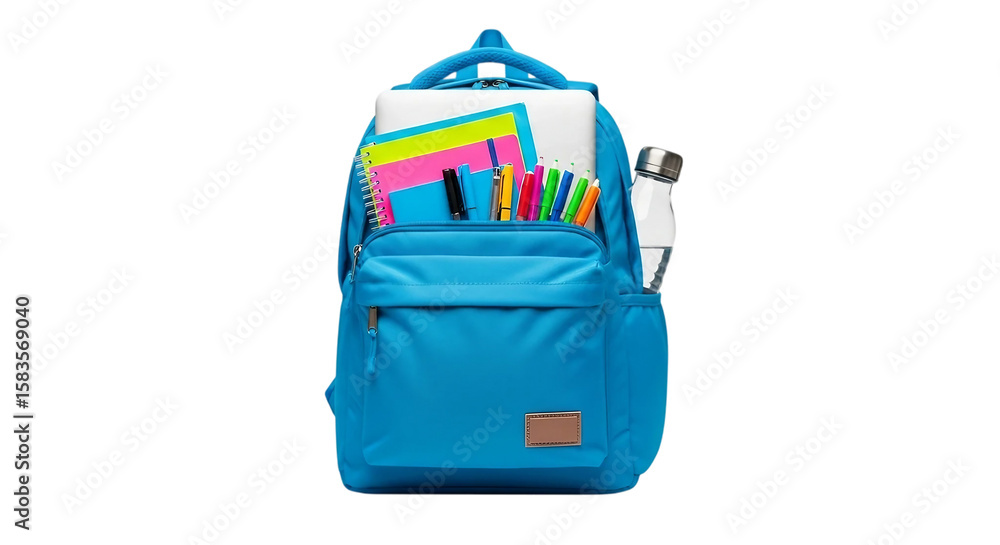 Illustration of a blue backpack filled with school supplies isolated on ...