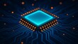 © Md Imran Khan - Close up of a glowing blue computer processor chip on a dark circuit board