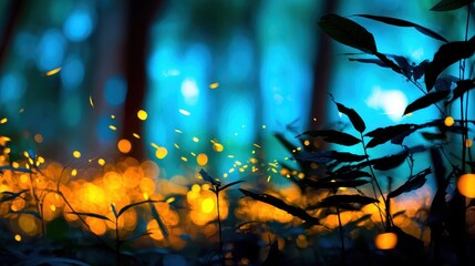 Wall Mural - enchanting forest scene with glowing fireflies illuminating the lush foliage at dusk