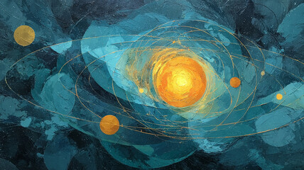 Wall Mural - Nuclear power technologies inspire this abstract painting with swirling uranium orbits around glowing sun in vibrant blue and gold tones