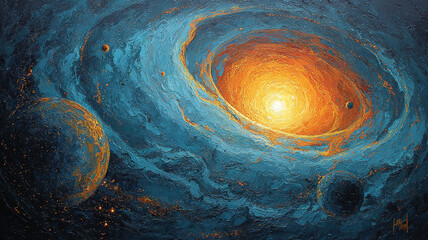 Wall Mural - Nuclear power technologies inspire this vibrant cosmic painting with swirling blue and orange hues around bright uranium like core glowing