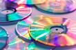 © Sunny_Hare - Collection of shiny CDs reflecting rainbow light, Y2K aesthetic on clean white background, digital nostalgia.