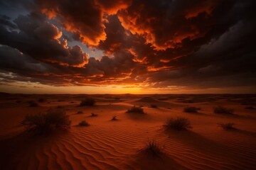 Wall Mural - A Surreal Dance of Orange Hues and Dark Clouds Over a Desert Landscape