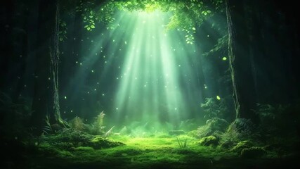Wall Mural - Enchanted forest with ethereal light beams and fireflies