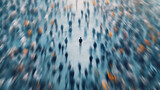 A single person standing still in a crowd of blurred people rushing past. Concept of mental overload and disconnection.
