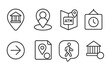 © Sergey - Mobile Banking Icons. Line style icons of mobile banking solutions: bank locator icon, nearest branch tag, ATM map chart, hours