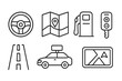 © Sergey - Car Travel Icons. Line style icons of car travel: steering wheel, road map, gas pump, car key. highway icon, rearview mirror, car