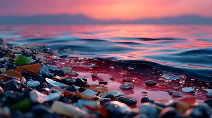 Wall Mural - scenic sunset over calm waters with colorful rocks along the shoreline