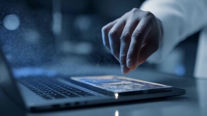 Wall Mural - scientist is inserting a microchip into a laptop, triggering a vibrant stream of digital data, symbo