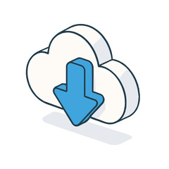 Cloud download displayed as an isometric icon on transparent background. Cloud download includes a blue arrow pointing down, stylized with clean lines and soft shadows.