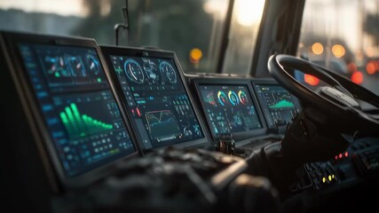 Wall Mural - multiple digital screens inside a modern vehicle are displaying various performance metrics and real