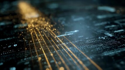 Wall Mural - golden particles are flowing on a futuristic printed circuit board, creating a visual representation