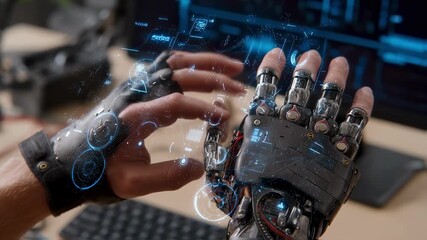 Wall Mural - engineer wearing a futuristic glove controls a robotic hand using a digital interface, highlighting 