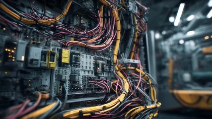 Wall Mural - intricate network of colorful wires and electronic components forms a complex circuit board, illumin