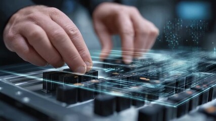 Wall Mural - engineer interacting with a futuristic holographic interface to analyze electronic components in a m