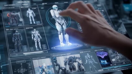Wall Mural - engineer uses a transparent tablet to design and develop futuristic robots, exploring various models