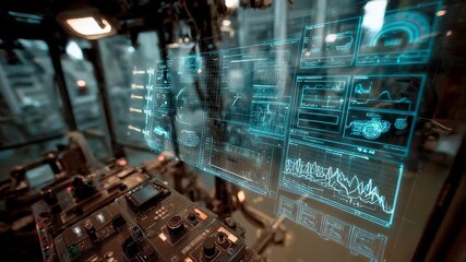 Wall Mural - futuristic control panel displaying holographic data analysis and innovative technology, representin