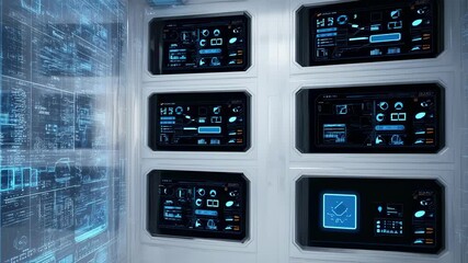 Wall Mural - futuristic corridor with control panels showing data and information, suggesting a high tech environ