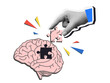 © tiena - Black and white hand places missing puzzle piece in image of human brain. Modern collage style. Illustration on transparent background