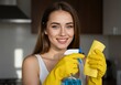 © Alper AI - Smiling woman holding cleaning supplies, ready to tidy up the house.