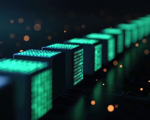 a futuristic row of glowing green digital blocks with binary code, representing data processing or b