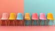© Johannes - 3D Illustration. Row of chairs with one of different colour against color pastel background. Job opportunity. Recruitment concept. Business concept., no logos, no brands